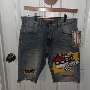 Rugrats-themed denim shorts,  Chuckie Finster “CHICKS DIG THE GLASSES". Size 28